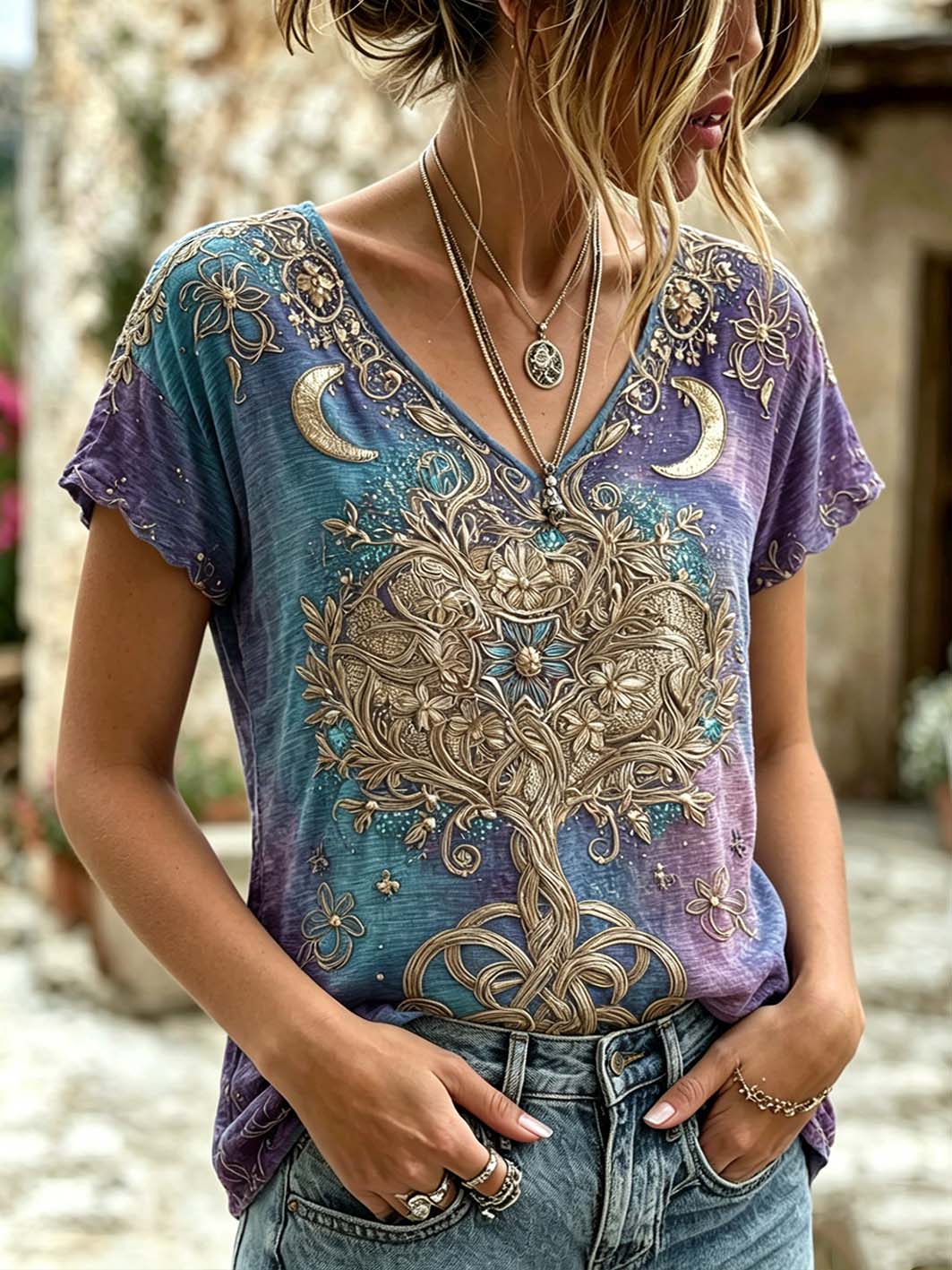 Damen-Retro-Viking-Stil Muster bedrucktes lässiges Baumwoll-und Leinen hemd