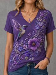 Damen-T-Shirt mit violetter Blumen- und Kolibri-Print-Aufschrift zur Sensibilisierung für Alzheimer, V-Ausschnitt
