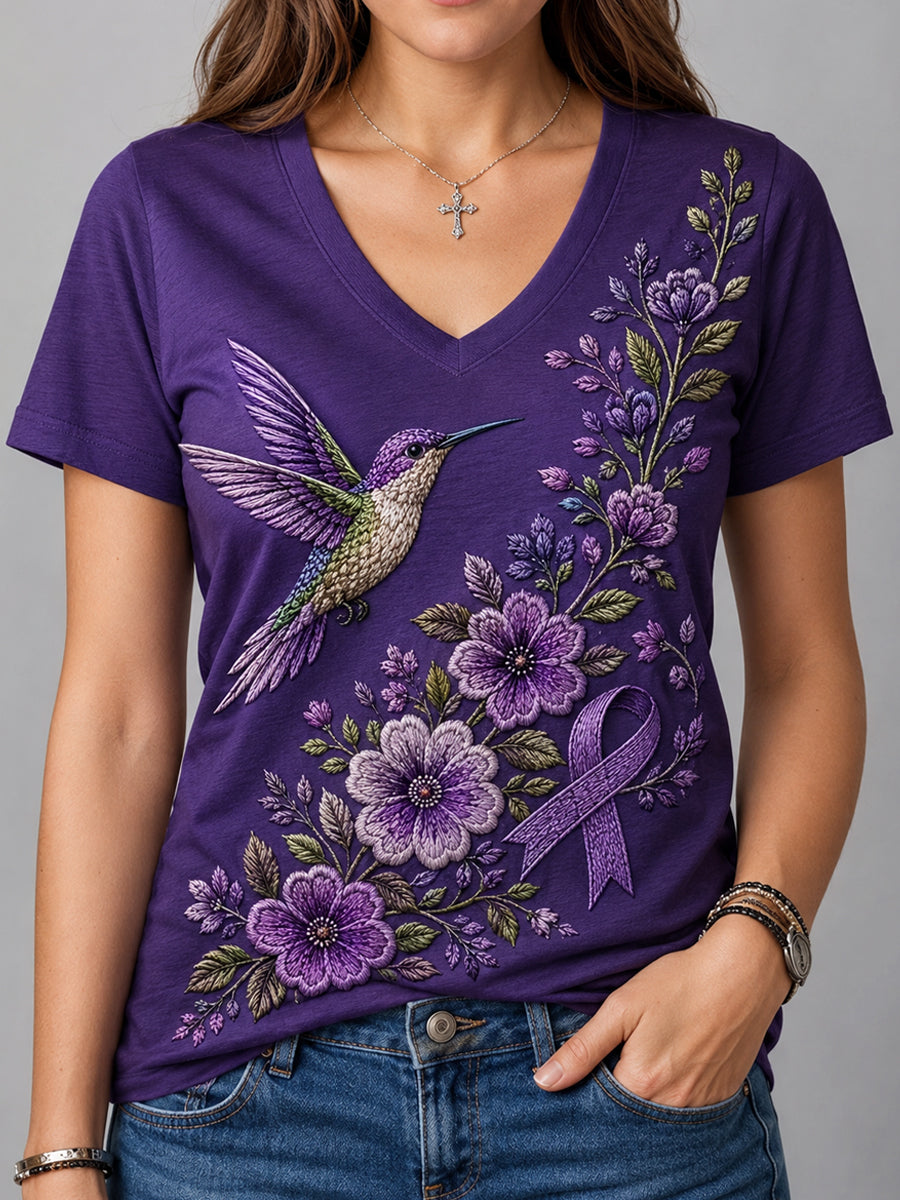 Damen-T-Shirt mit violetter Blumen- und Kolibri-Print-Aufschrift zur Sensibilisierung für Alzheimer, V-Ausschnitt