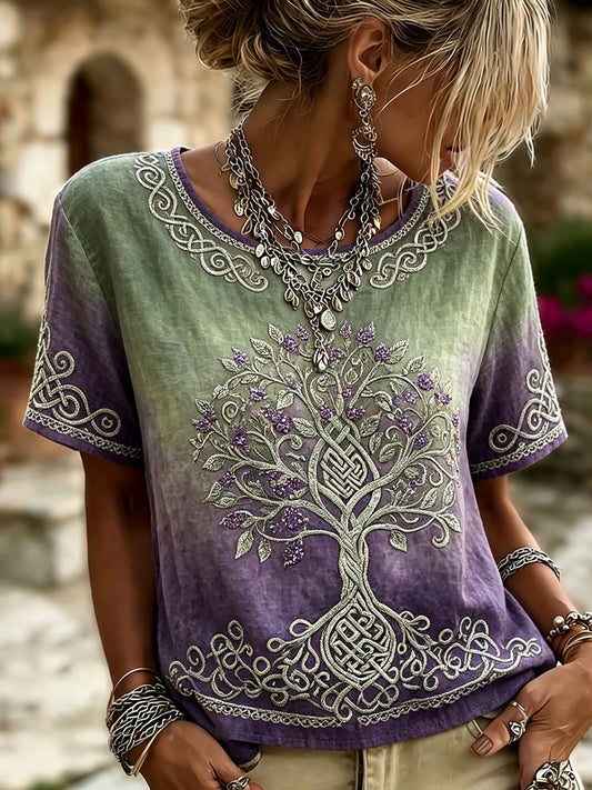 Damen Vintage Viking Tree Of Life Keltischer Druck Kurzarm-T-Shirt aus Leinen