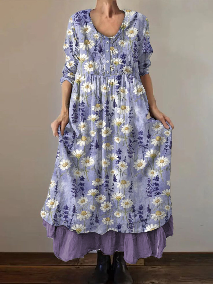 Frauen Alzheimer-Bewusstsein Lila Blume gedruckt Lose Langarm Baumwoll Leinen kleid