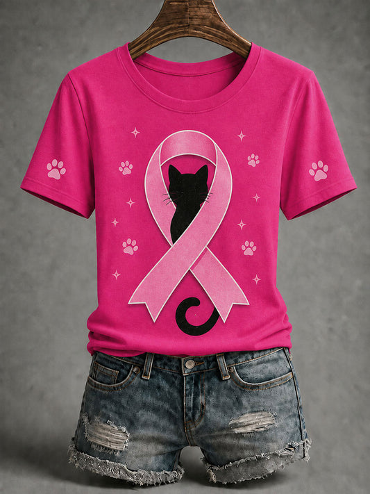 Brustkrebsbewusstseins-T-Shirt für Frauen mit schwarzer Katze und rosa Schleife, Kurzarm
