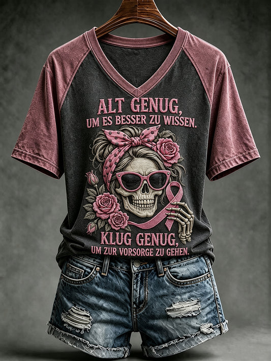 Frauen-T-Shirt mit witzigem Brustkrebsbewusstseins-Slogan und V-Ausschnitt