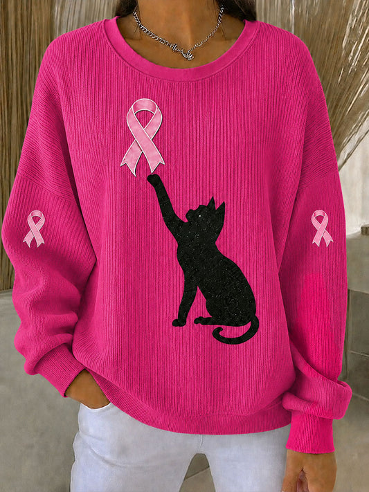 Damen-Sweatshirt mit Rundhalsausschnitt, gerippt, schwarze Katze und rosa Schleife zur Brustkrebsaufklärung
