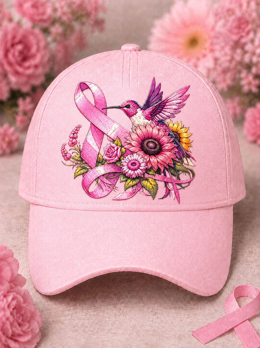 Unisex-Hut mit Blumen- und Vogelmotiv zum Thema Brustkrebsbewusstsein
