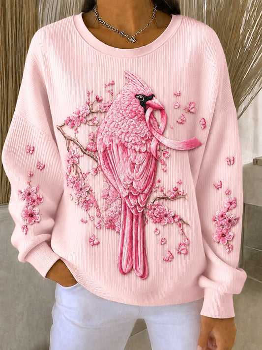 Frauen-Brustkrebs-Bewusstsein Blumen-und Vogel-Design gerippt Rundhals-Sweatshirt