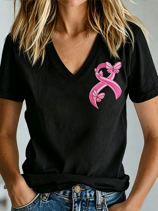 Damen-T-Shirt mit V-Ausschnitt und Aufdruck zur Brustkrebsaufklärung