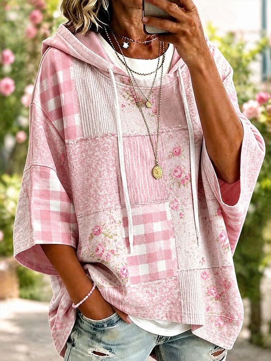 Frauen Rosa Patchwork Kunst Hoodie
