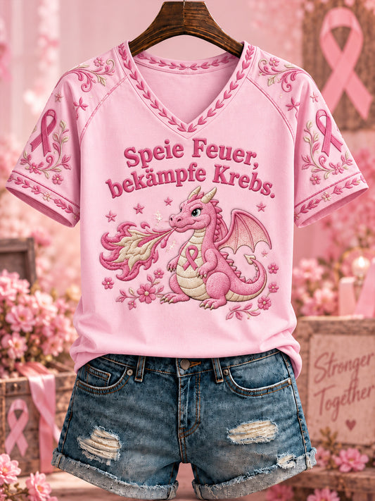 Bedrucktes T-Shirt mit V-Ausschnitt Frauen „ Spie Feuer, bekämpfe Krebs.“