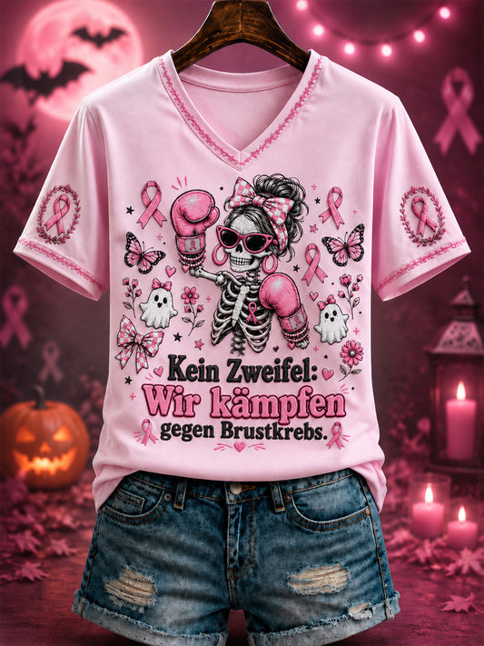 Bedrucktes T-Shirt mit V-Ausschnitt Damen „ Kein Zweifel: Wir kämpfen gegen Brust krebs.“