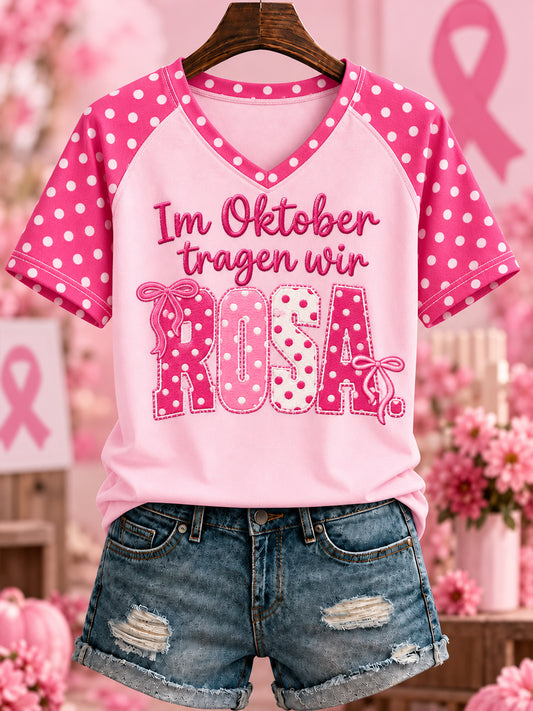 Bedrucktes T-Shirt mit V-Ausschnitt für Damen „ Im Oktober wagen wir ROSA“