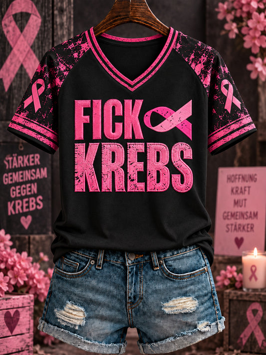 Bedrucktes T-Shirt mit V-Ausschnitt für Damen „ FICK KREBS“