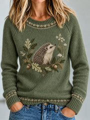 Damen-Häkel-Pullover mit Igel-Print, lässig