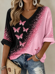 Damen-T-Shirt mit Brustkrebsmotiv, mittellange Ärmel und V-Ausschnitt