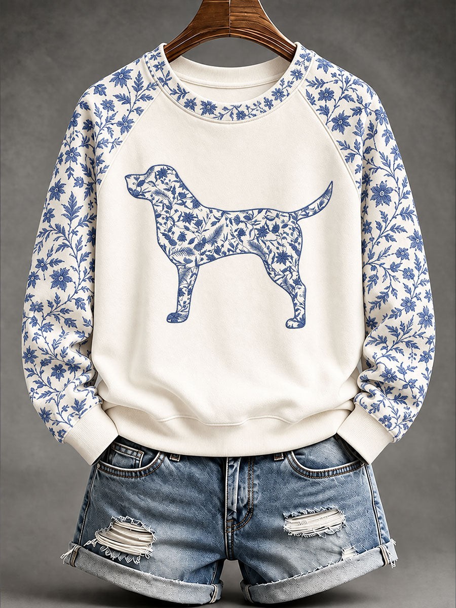 Damen-Sweatshirt mit Labrador-Retriever- und chinesisch inspiriertem Blumenmuster