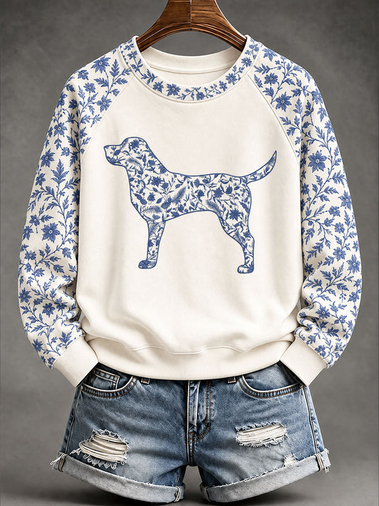 Damen-Sweatshirt mit Labrador-Retriever- und chinesisch inspiriertem Blumenmuster