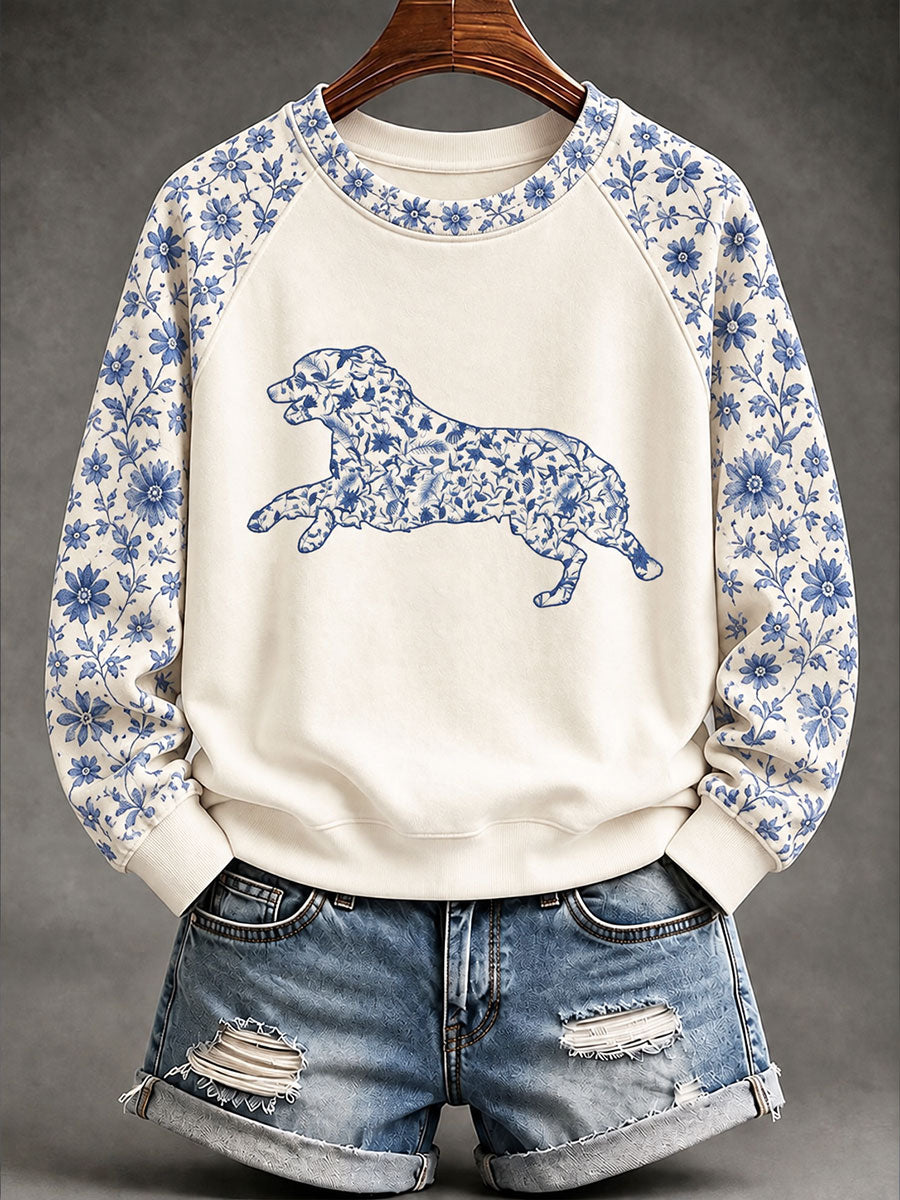 Damen-Sweatshirt im chinesischen Stil mit Schäferhund- und Blumenmuster