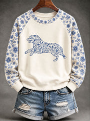 Damen-Sweatshirt im chinesischen Stil mit Schäferhund- und Blumenmuster