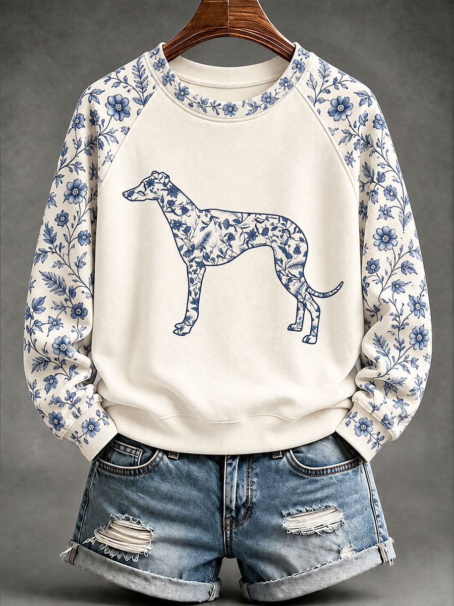 Damen-Sweatshirt im chinesischen Stil mit grauem Houndstooth-Muster und Blumenprint