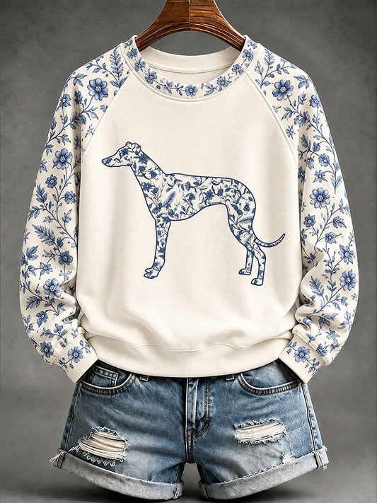 Damen-Sweatshirt im chinesischen Stil mit grauem Houndstooth-Muster und Blumenprint