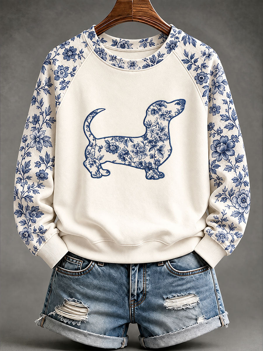 Damen-Sweatshirt mit Dackel- und chinesisch inspiriertem Blumenmuster