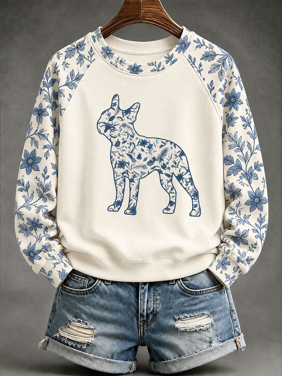 Damen-Sweatshirt mit Boston-Terrier- und chinesisch inspiriertem Blumenmuster
