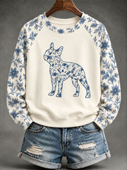 Damen-Sweatshirt mit Boston-Terrier- und chinesisch inspiriertem Blumenmuster