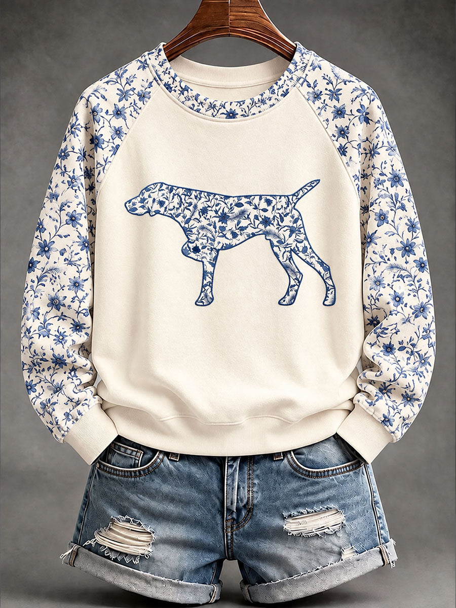 Damen-Sweatshirt mit chinesisch inspiriertem Blumenmuster und Motiv eines deutschen Kurzhaarpointers