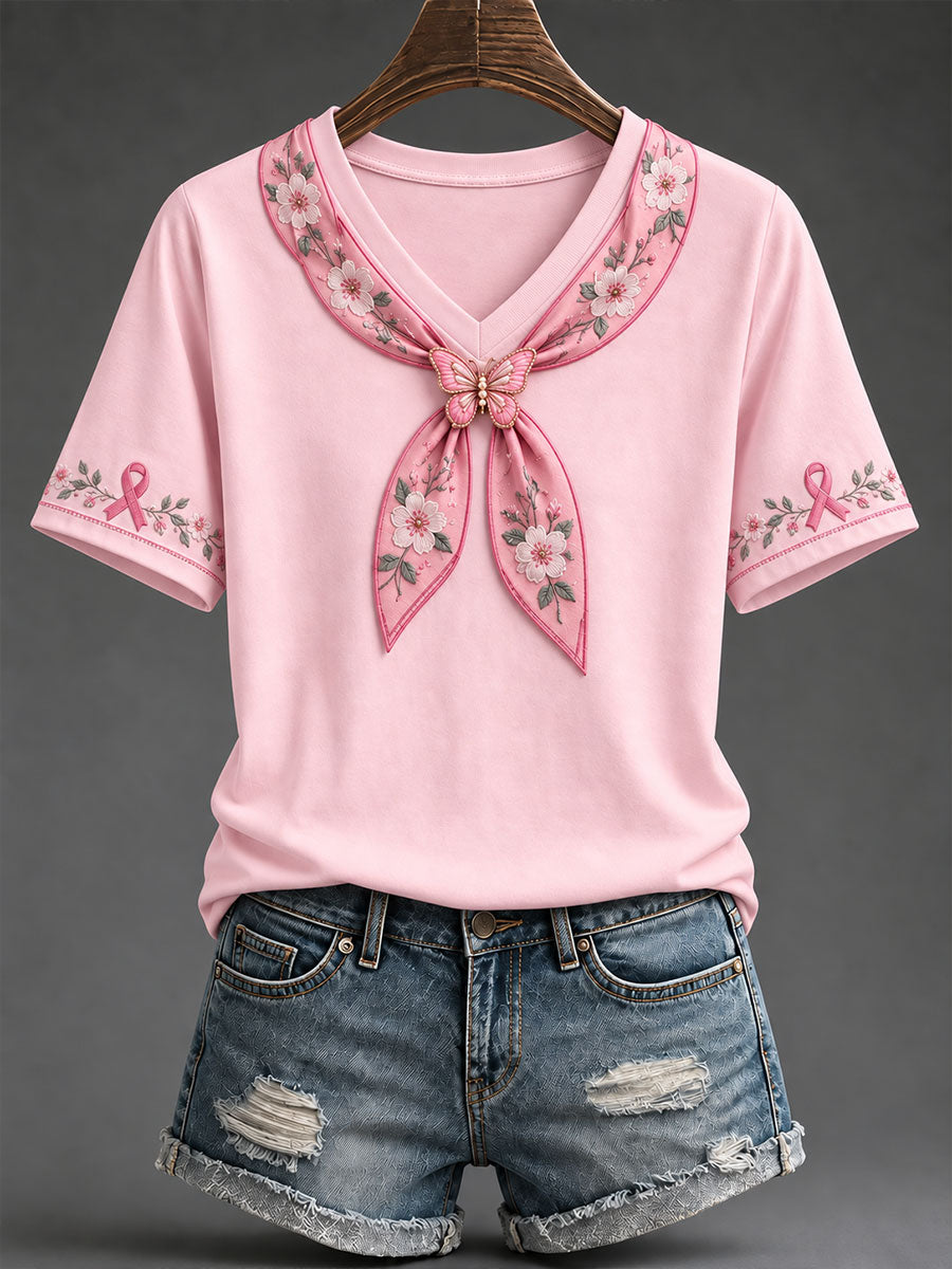 Damen-T-Shirt mit rosa Schleife und floralem Kunstprint