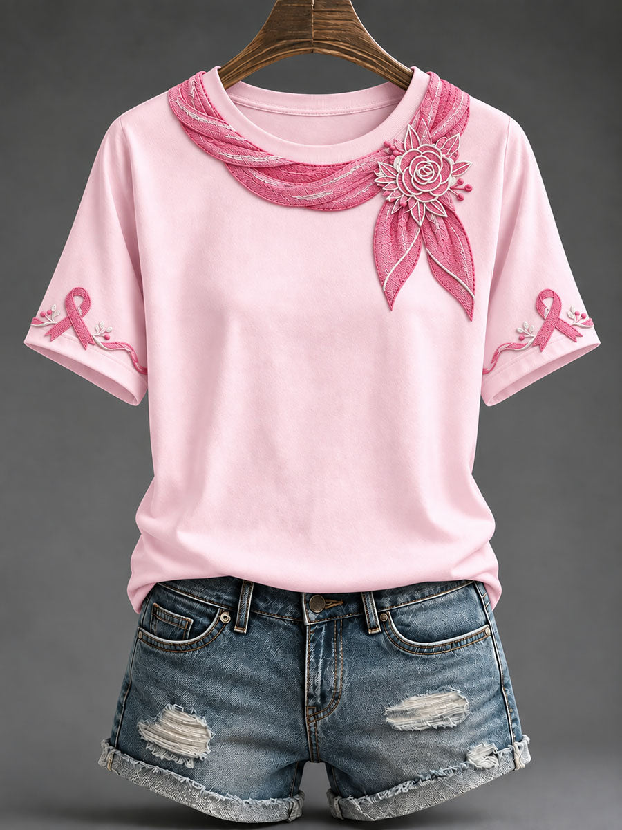 Damen-T-Shirt mit rosa Schleife und floralem Kunstprint