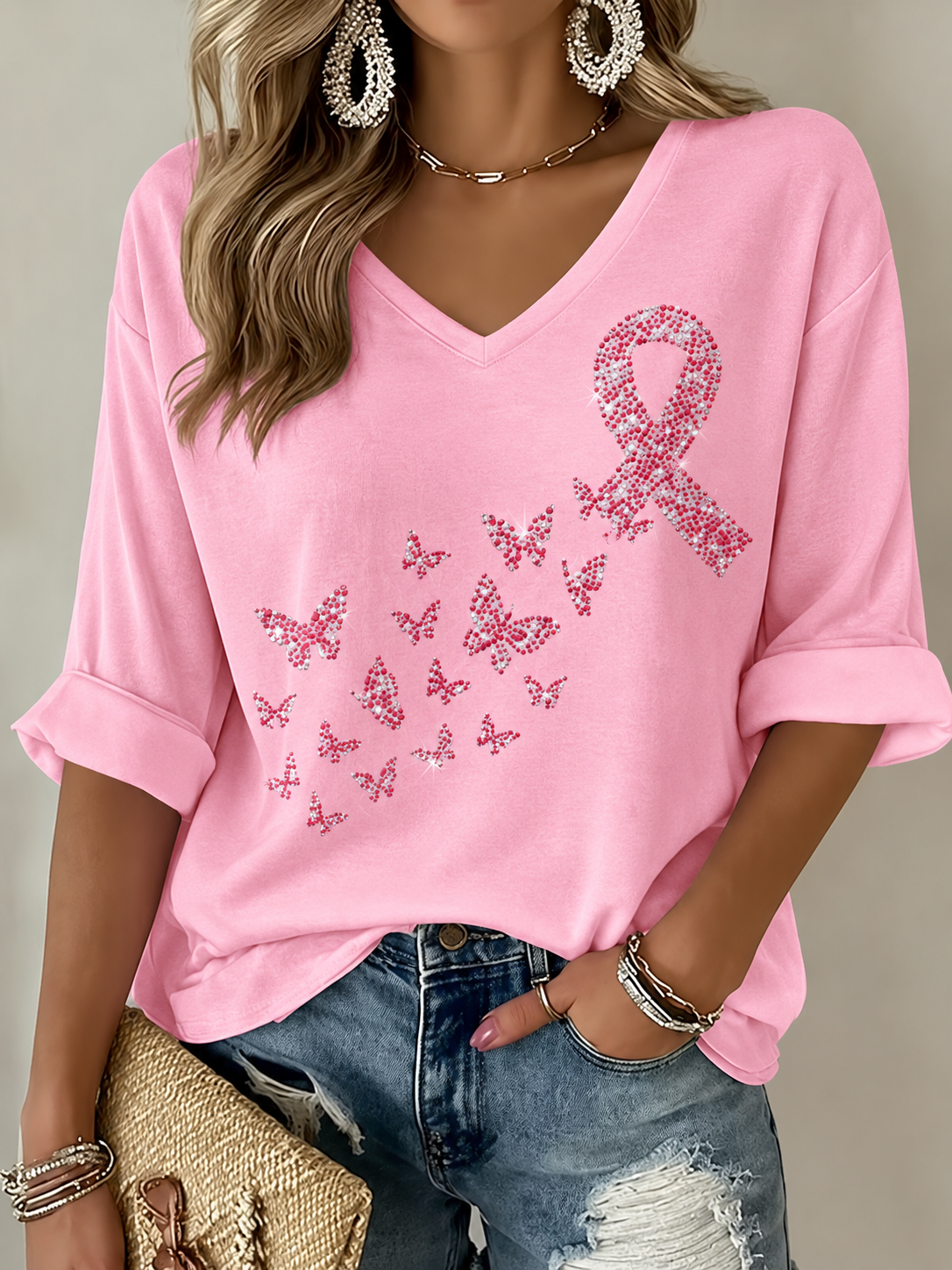 Damen-T-Shirt mit Brustkrebsmotiv, mittellange Ärmel und V-Ausschnitt