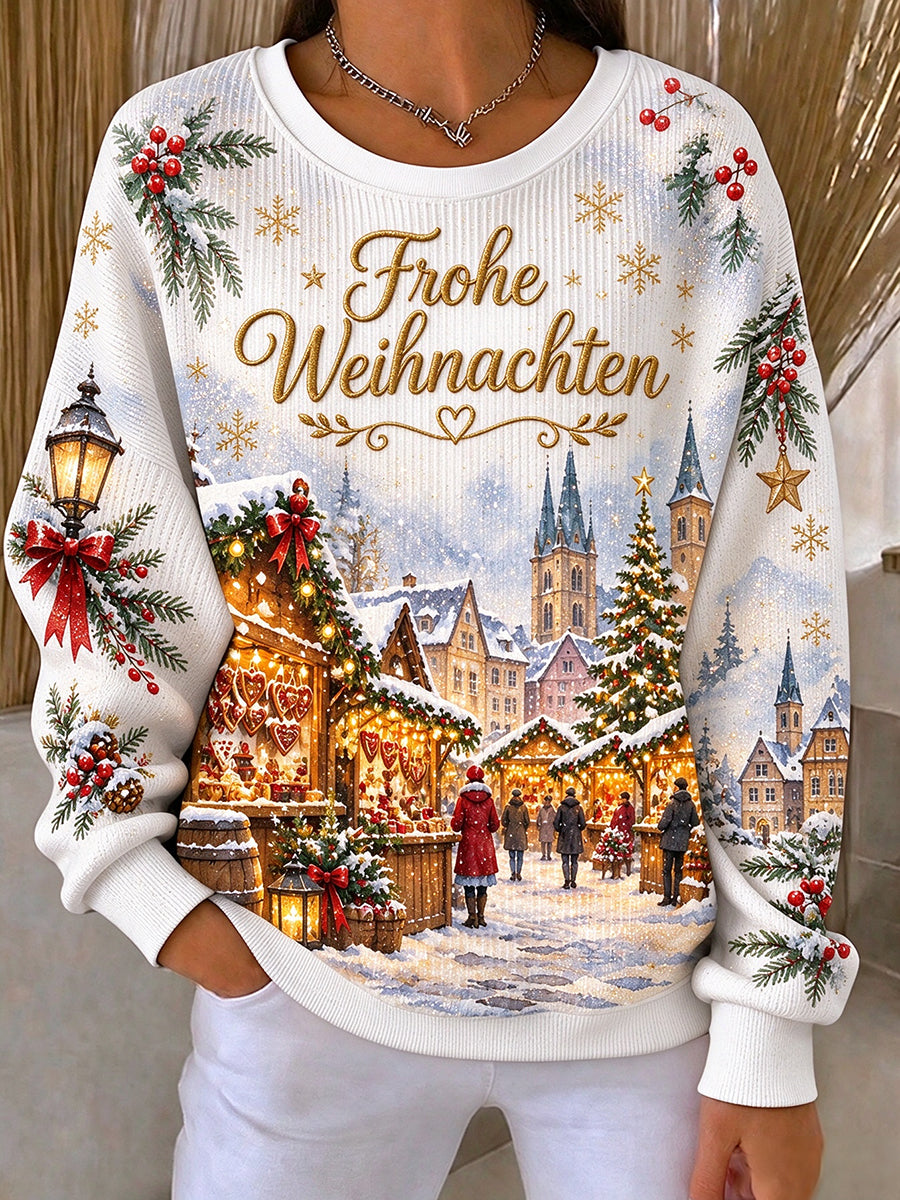Damen-Weihnachts markt druck Geripptes Rundhals-Sweatshirt