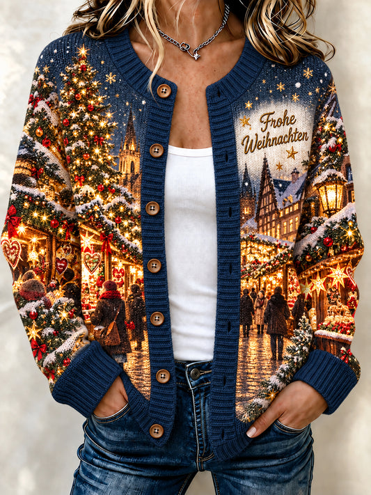 Damen-Strickjacke im Weihnachtsmarkt-Print, cardiganartig geschnitten