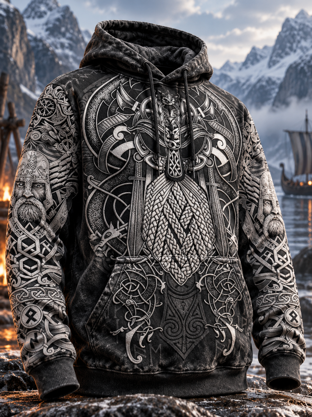 Übergroßes Herren-Hoodie mit nordischem Krieger- und Wikinger-Motiv