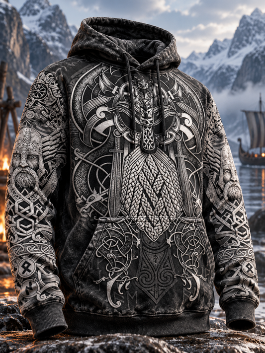 Übergroßes Herren-Hoodie mit nordischem Krieger- und Wikinger-Motiv