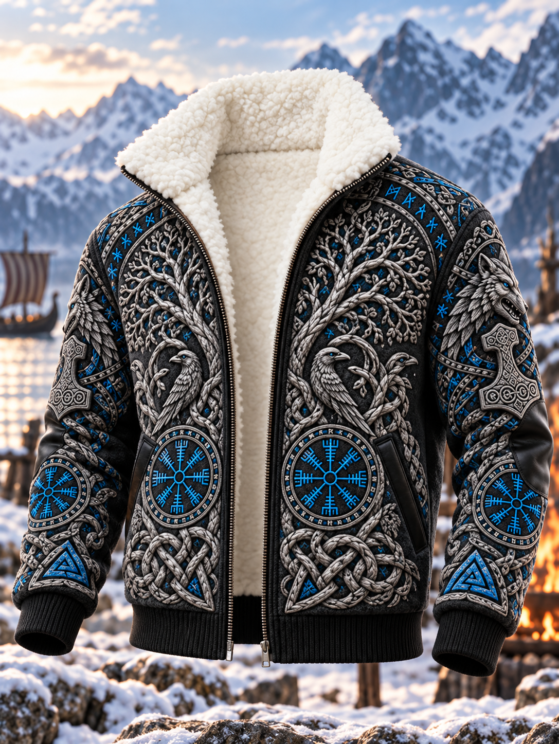 Herren Wolf Valknut Norse Sherpa Jacke