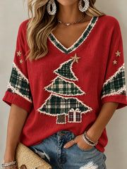Damen Weihnachts baum Kunst Mittellänge Ärmel V-Ausschnitt T-Shirt