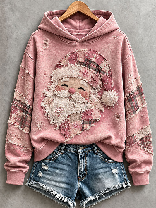 Rosa Patchwork-Kapuzenpullover für Damen mit Weihnachtsmotiv