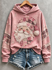 Rosa Patchwork-Kapuzenpullover für Damen mit Weihnachtsmotiv
